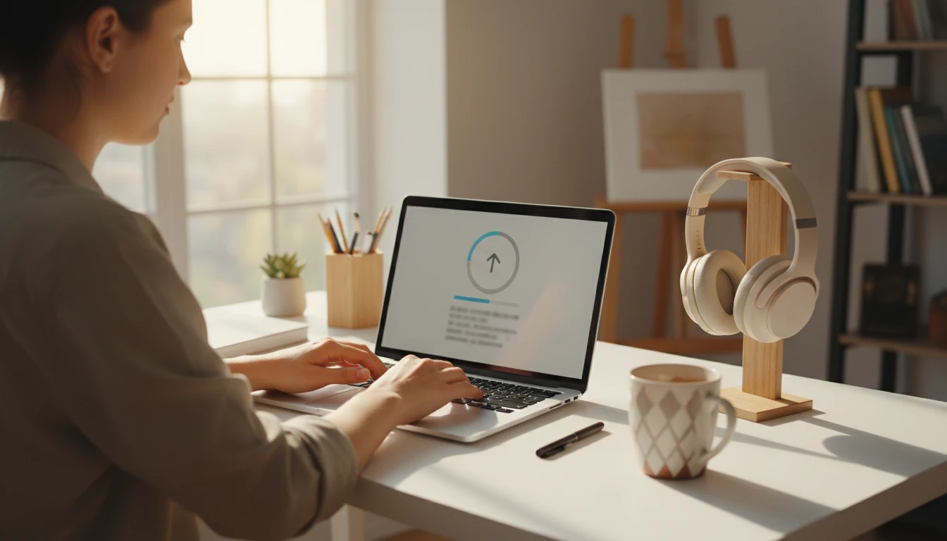 Music producer uploading audio to a streaming platform on a laptop