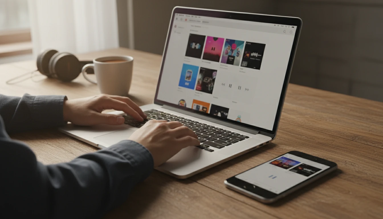 Person holding an iPhone beside a MacBook with a music library open
