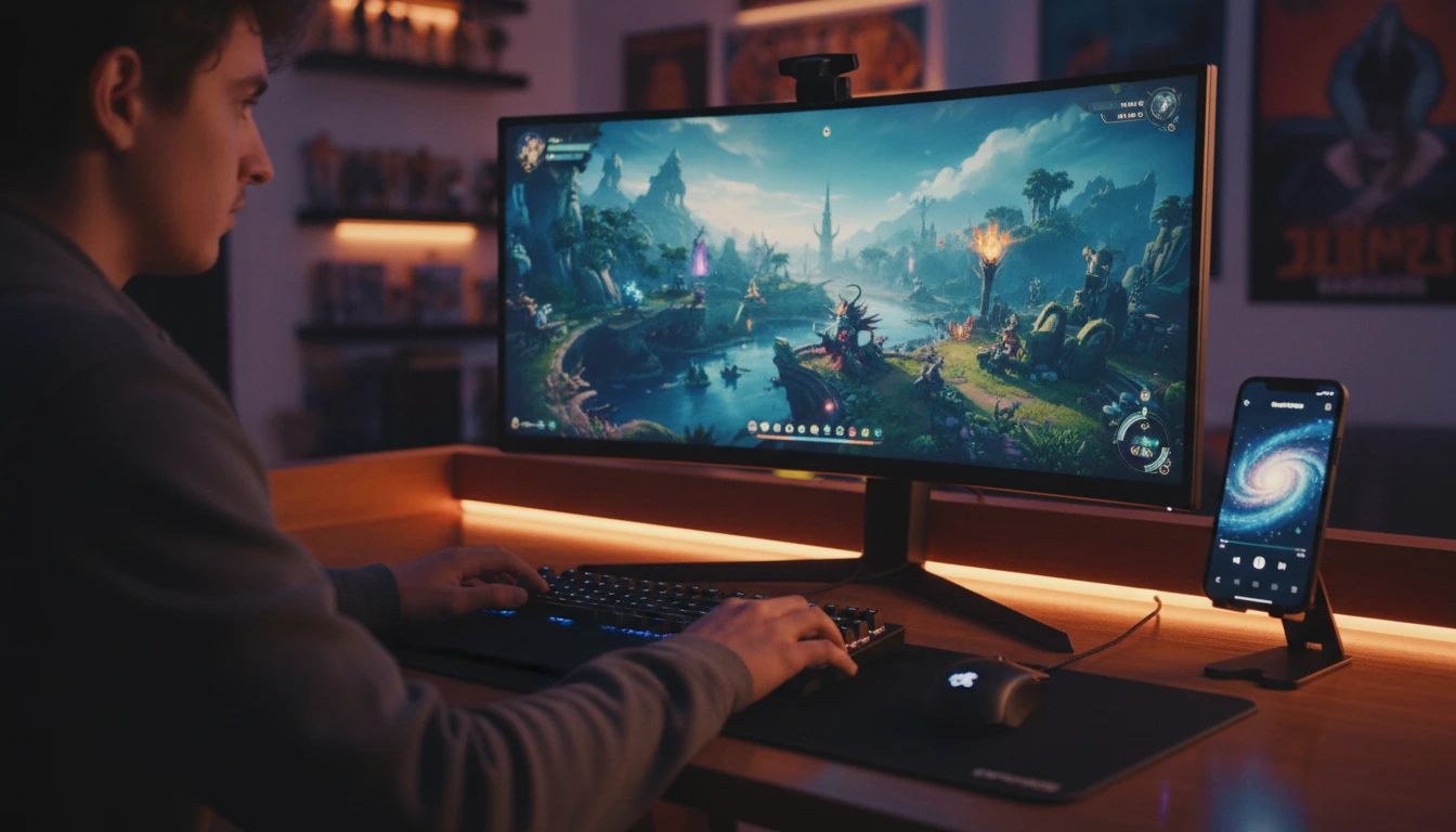 Gamer at a desk with an iPhone showing a music app beside a game on a monitor