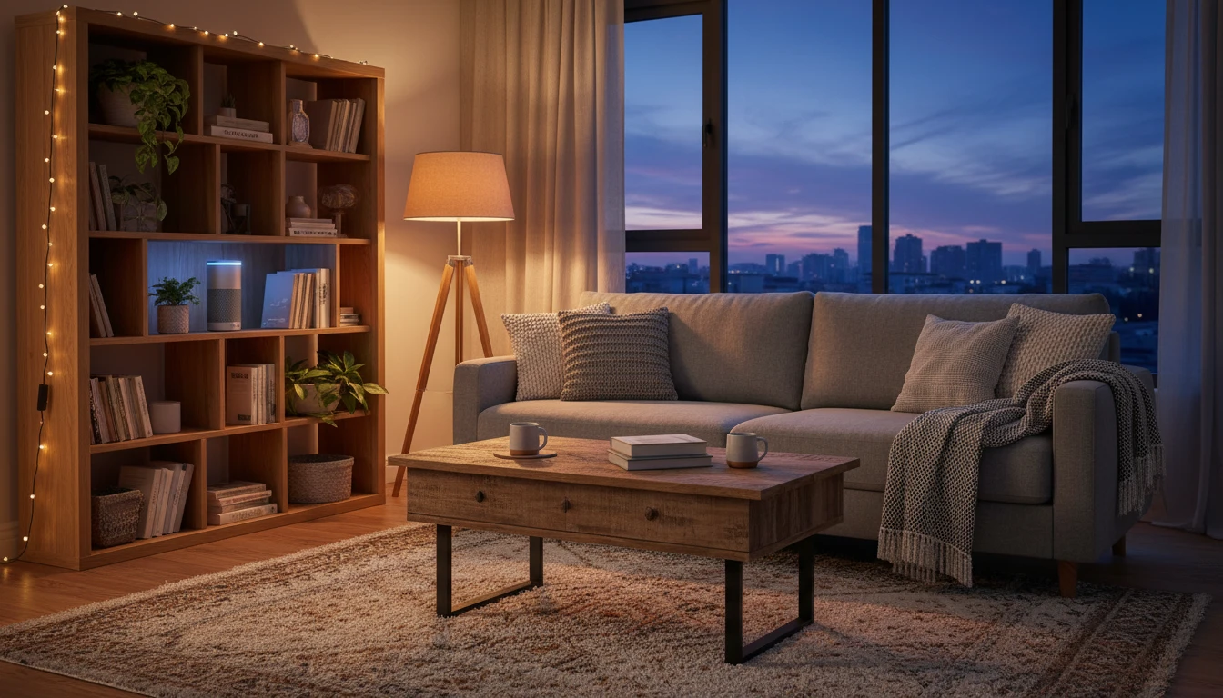 HomePod on a shelf in a cozy living room with soft warm ambient lighting
