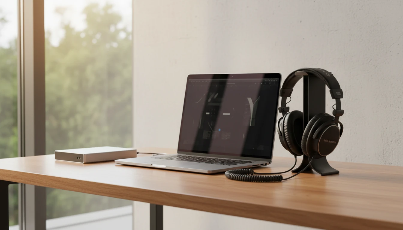 Music archive setup with hard drives and organized audio files on a desk