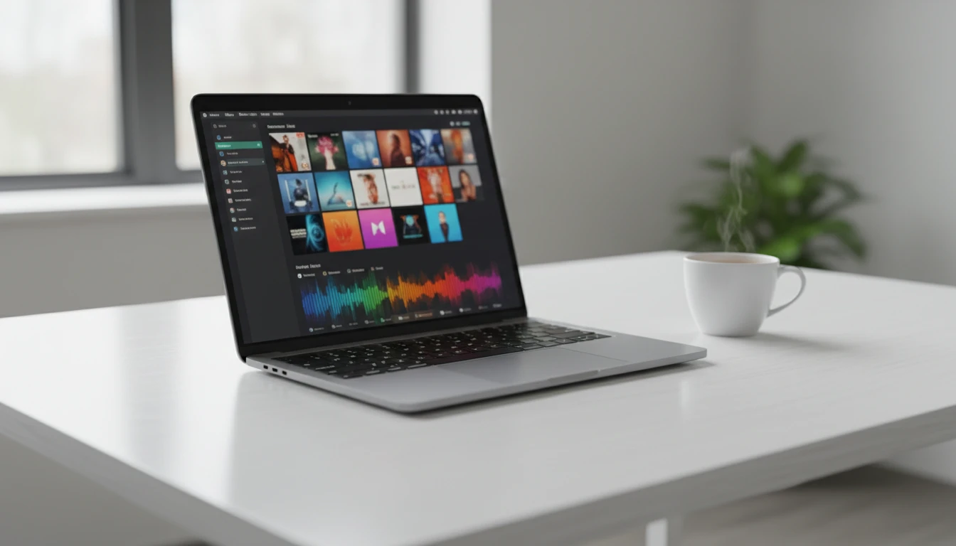 MacBook showing an Apple Music library with album artwork