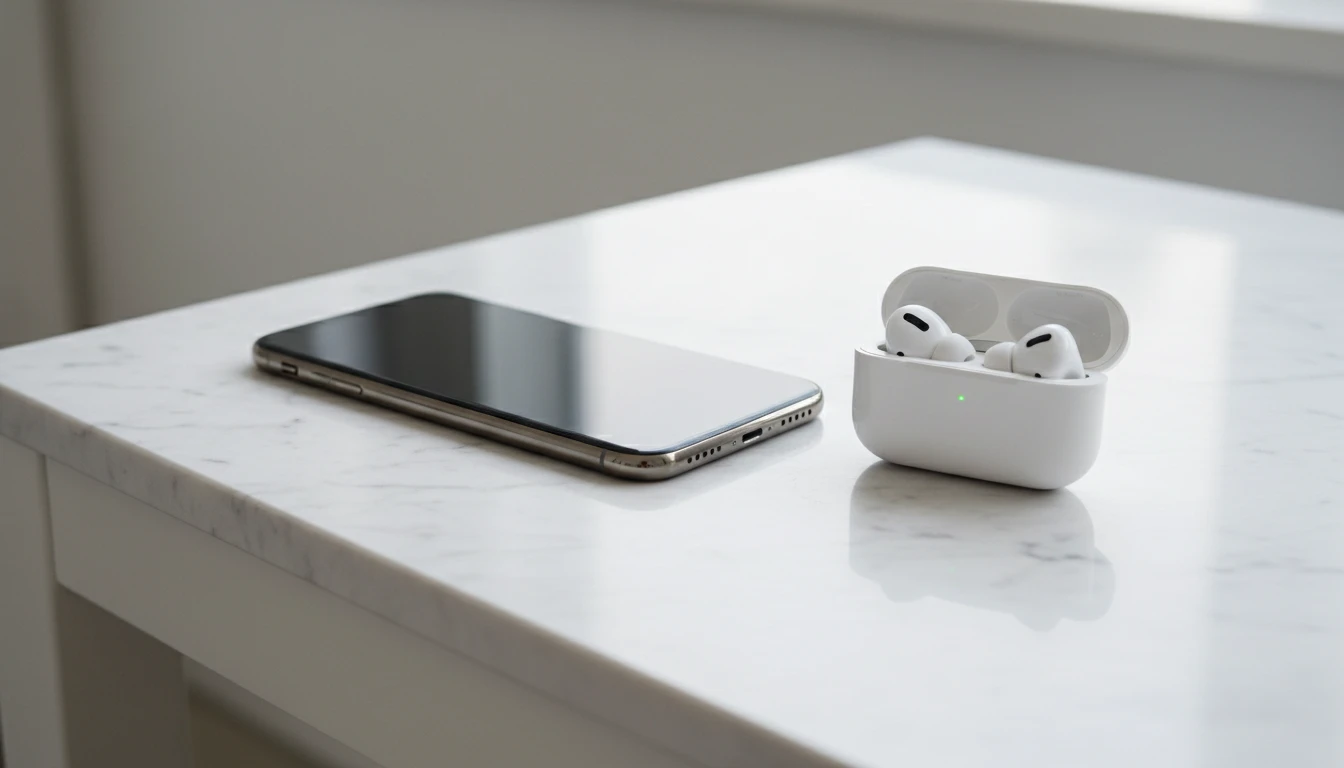 iPhone and AirPods on a clean desk with natural daylight