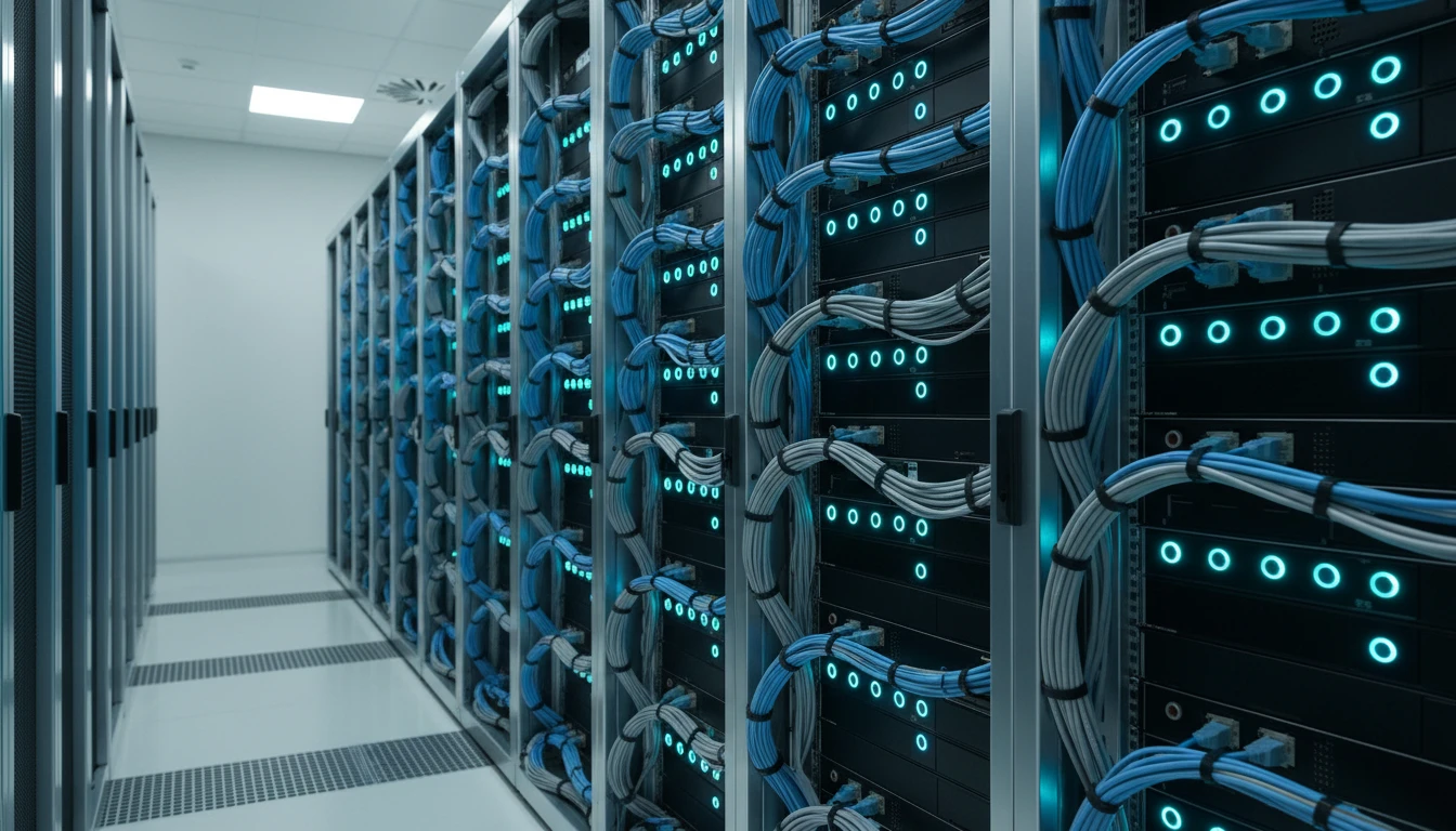 Modern data center server rack with glowing indicator lights