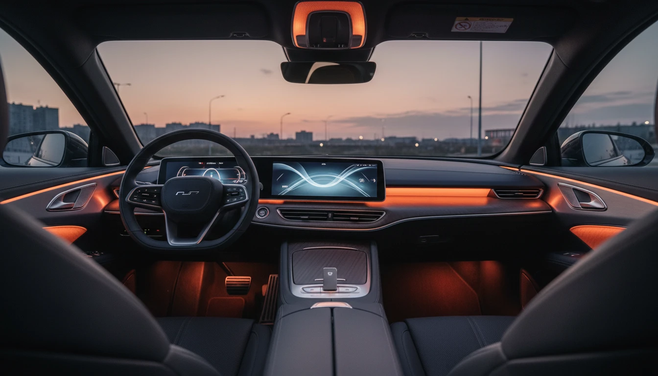 Car dashboard with a USB drive in the audio port and a music display