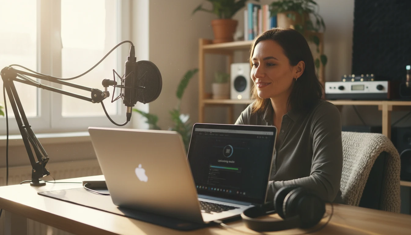 Podcaster at a desk uploading an audio episode on a laptop