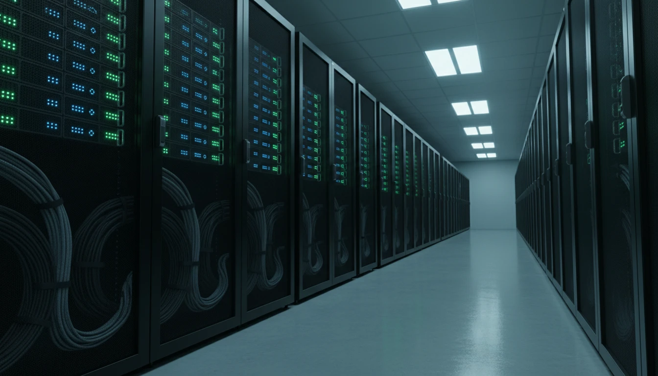 Server rack with indicator lights in a clean data center
