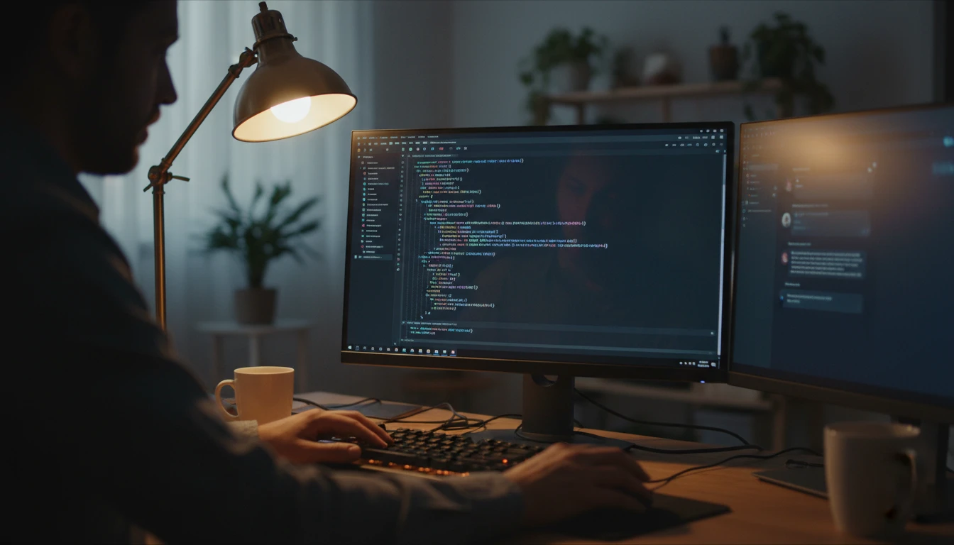 Developer at a desk coding a Discord bot with a chat app visible on screen