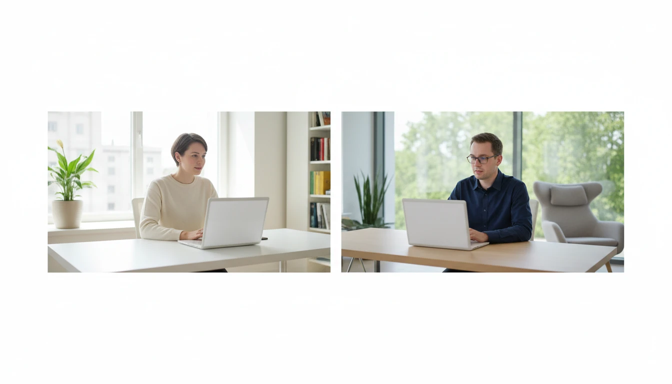Two people on a video call from separate home offices with laptops open