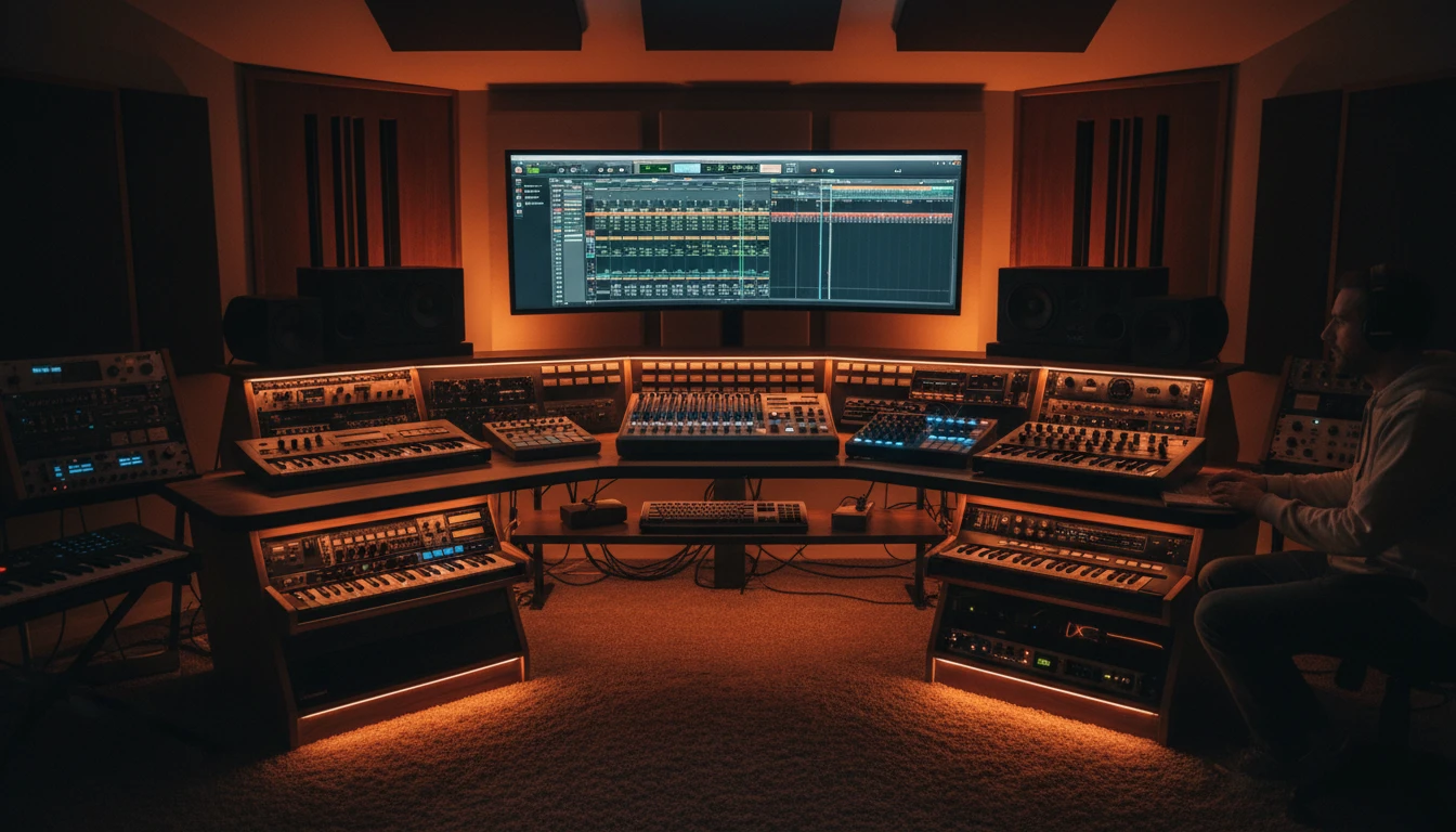 Audio engineer at a DAW workstation with waveforms visible on a large monitor