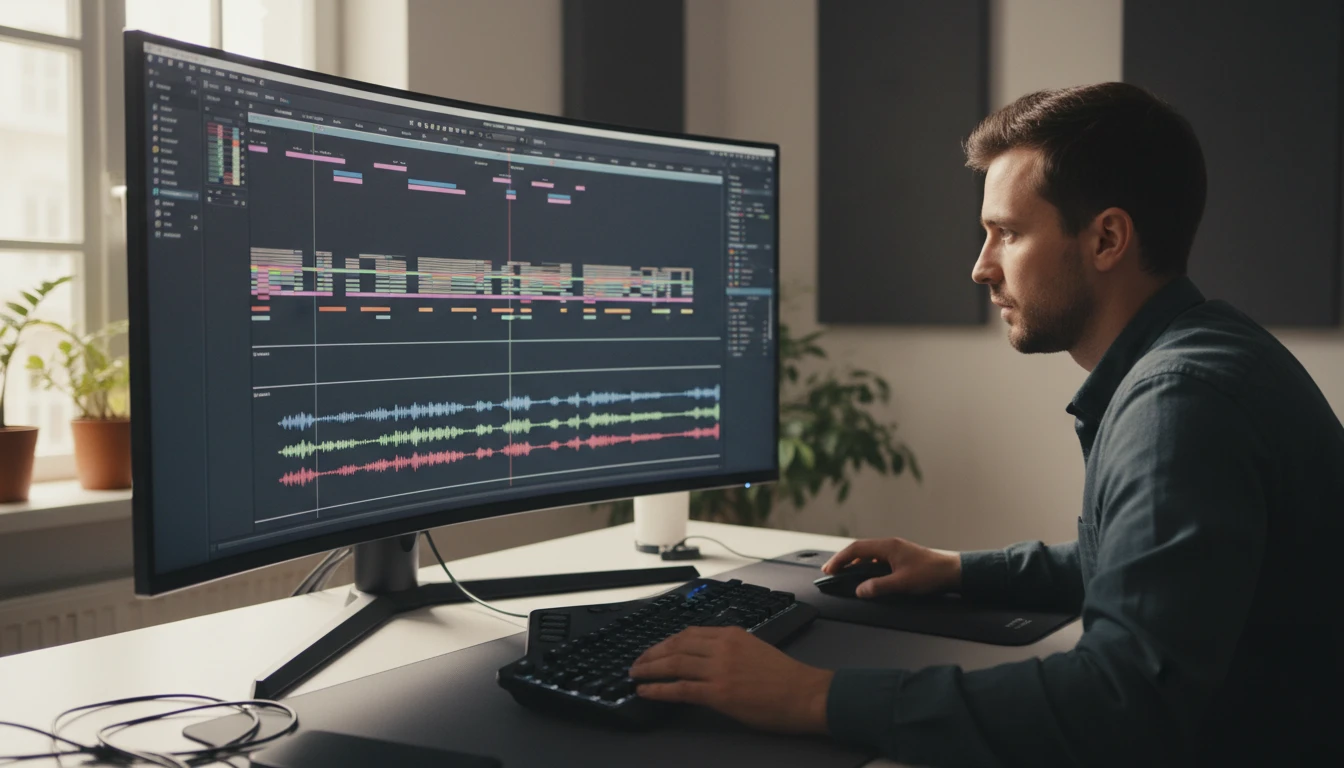 Video editor at a monitor with a timeline and waveform tracks visible