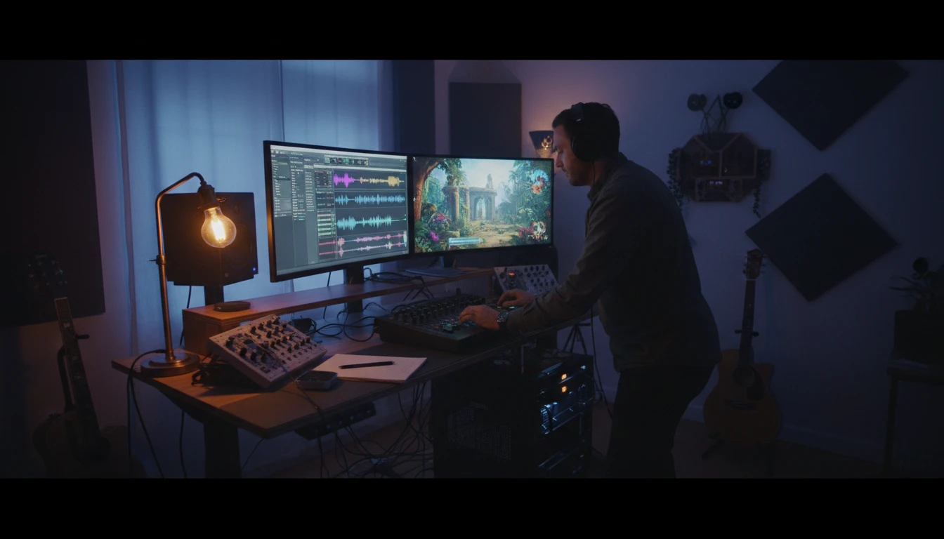 Game audio designer at a desk with a waveform editor and speaker monitors