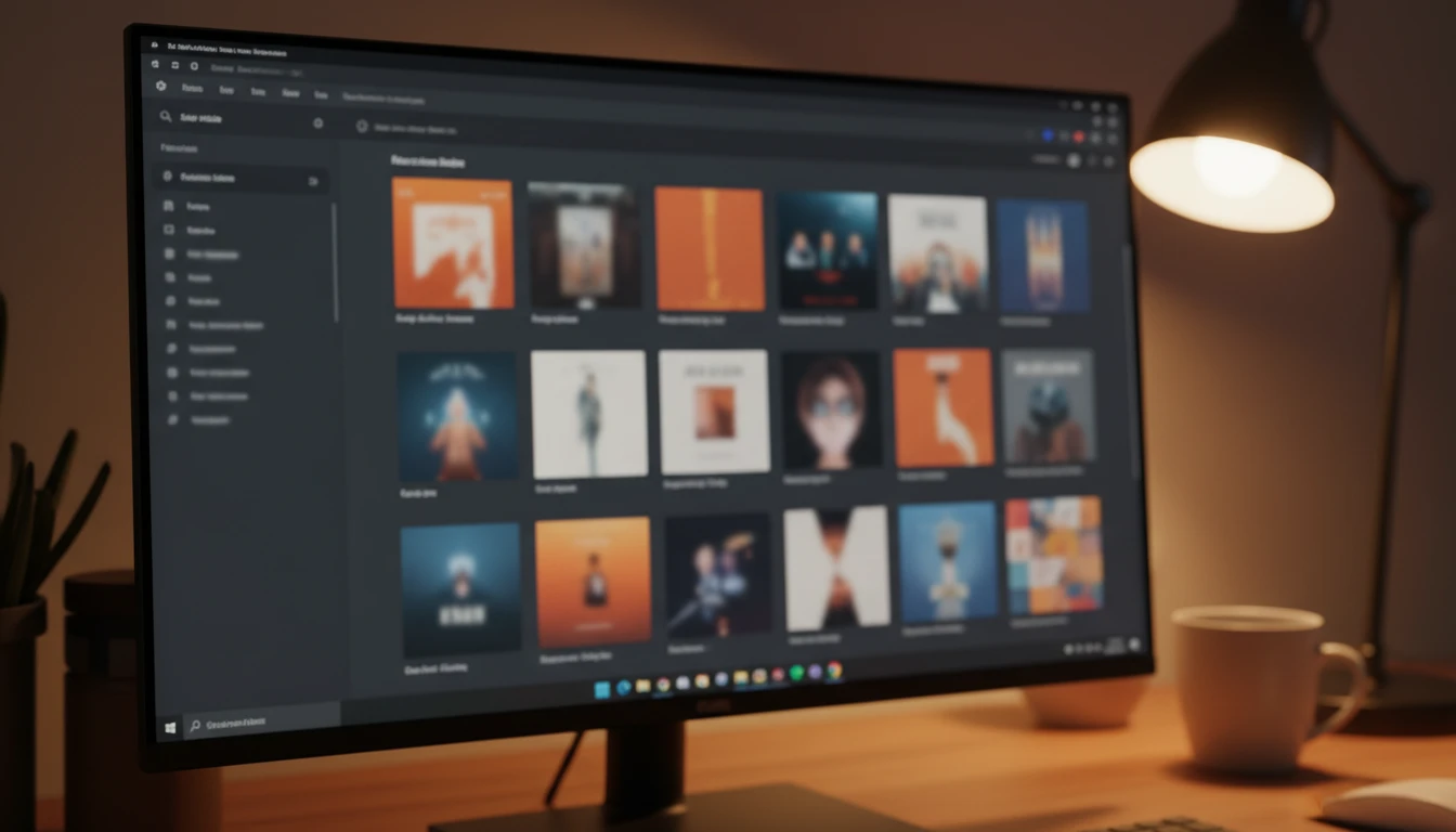 Windows desktop with a media player showing a music library