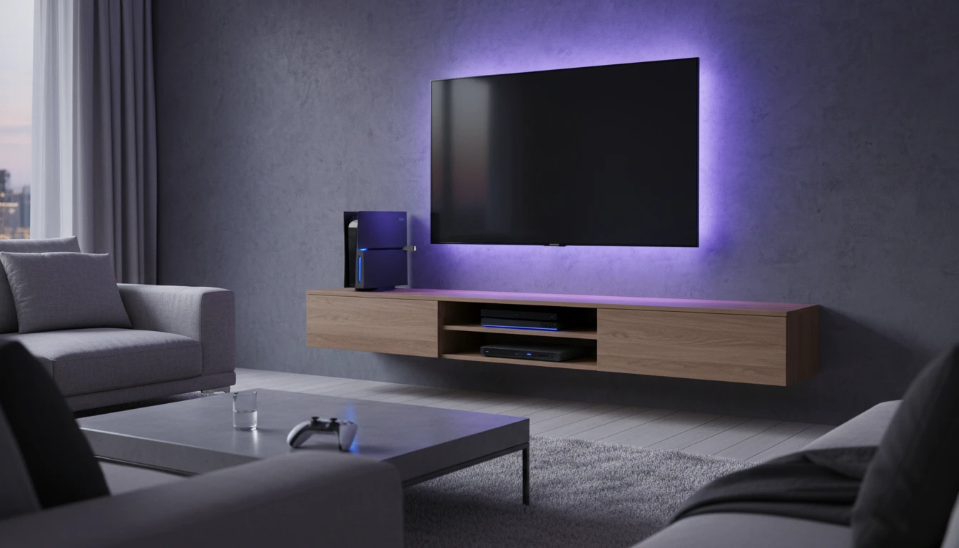 Gaming console in a living room entertainment center with a USB drive nearby