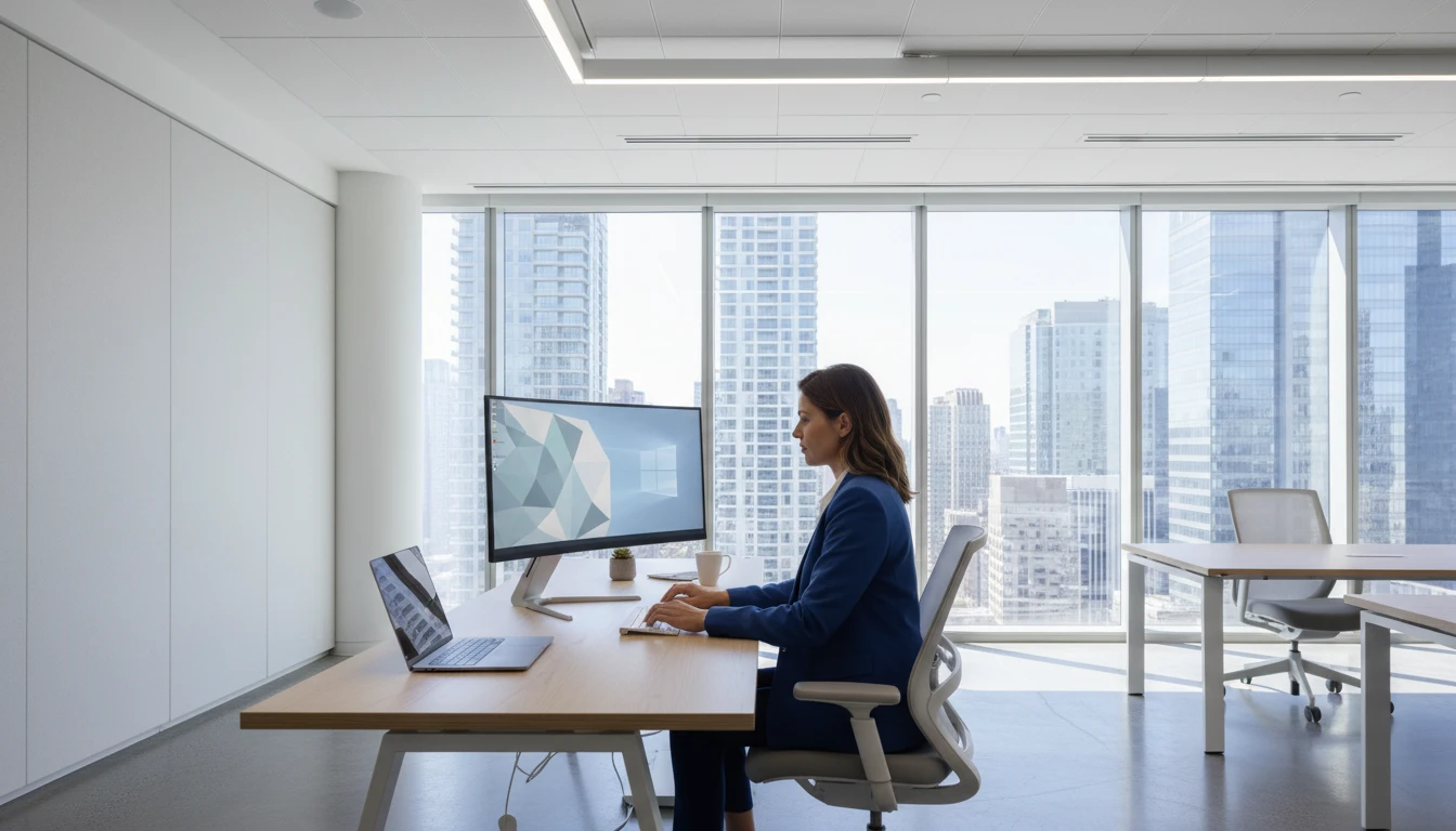 Business professional at a Windows workstation in a modern corporate office