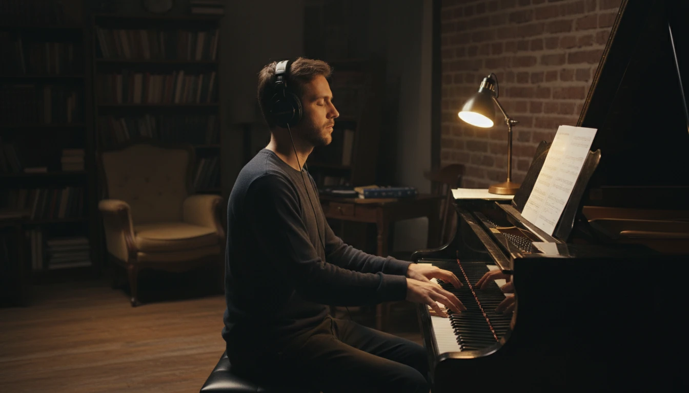 Musician practising in silence with headphones
