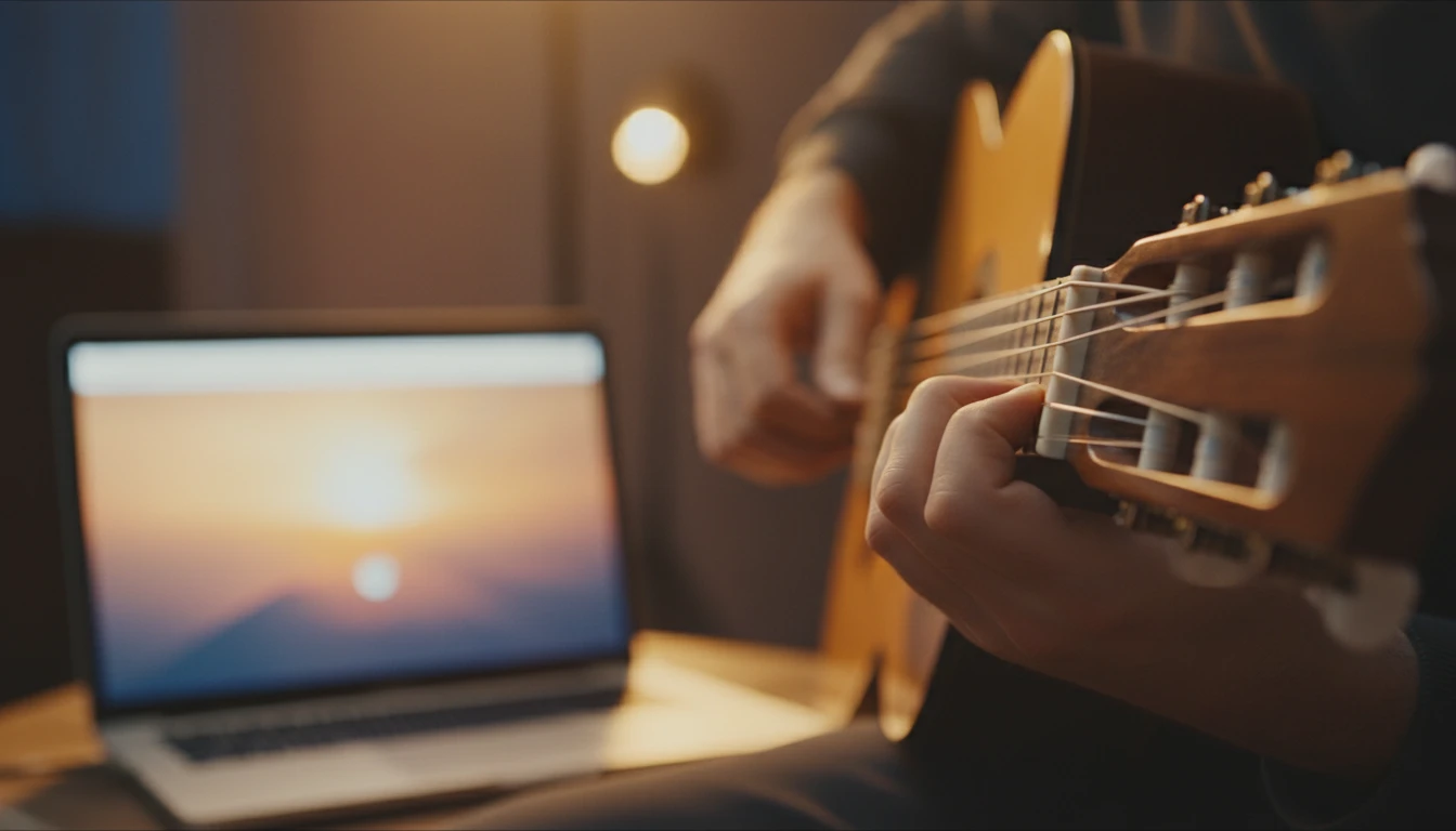 Musician tuning a guitar using an online tuner on a laptop