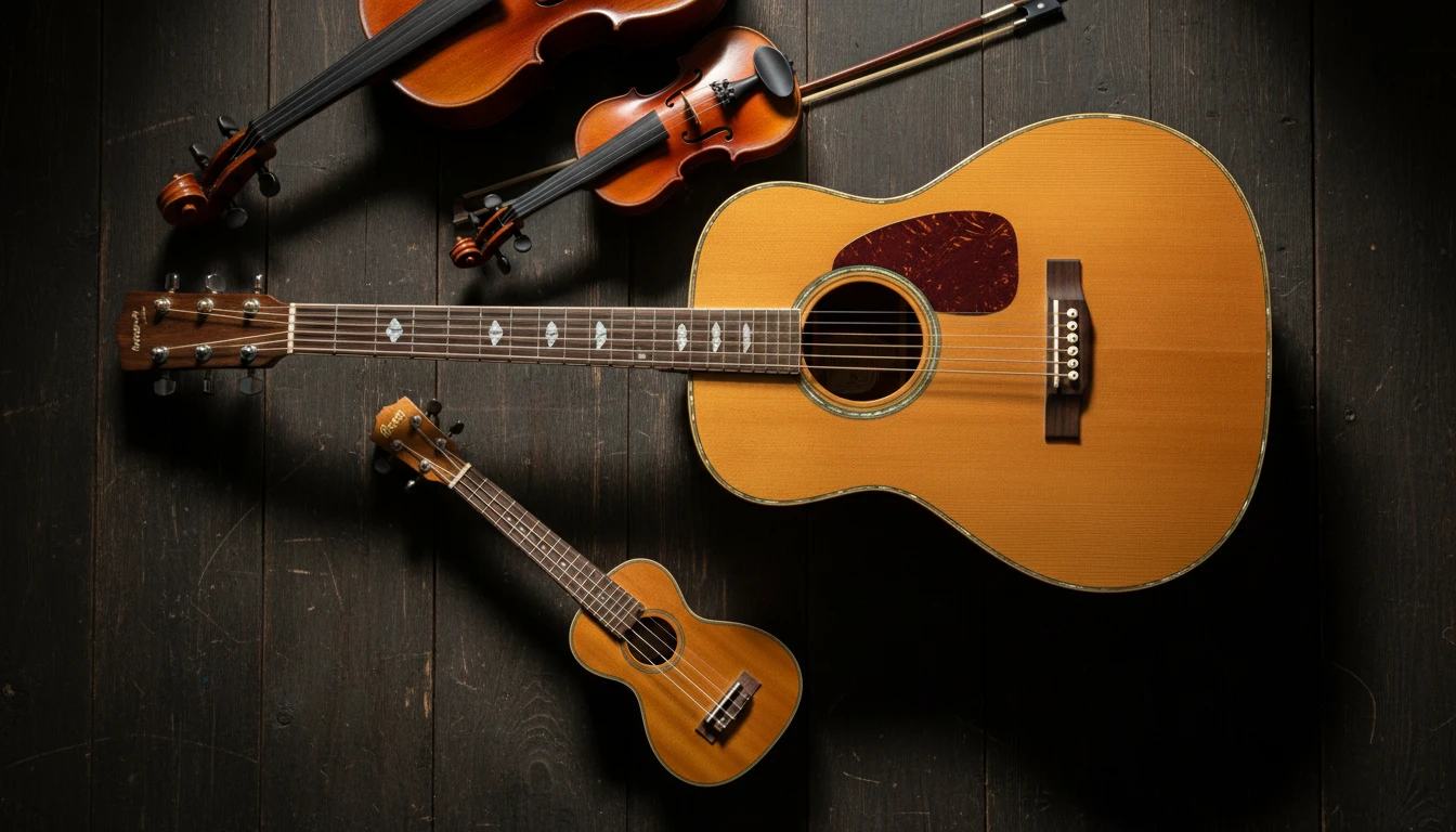 Various musical instruments laid out on a table