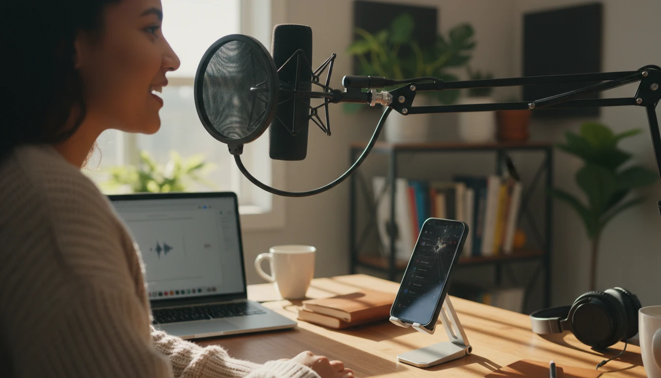 Podcaster at a home desk with a microphone and iPhone beside a laptop