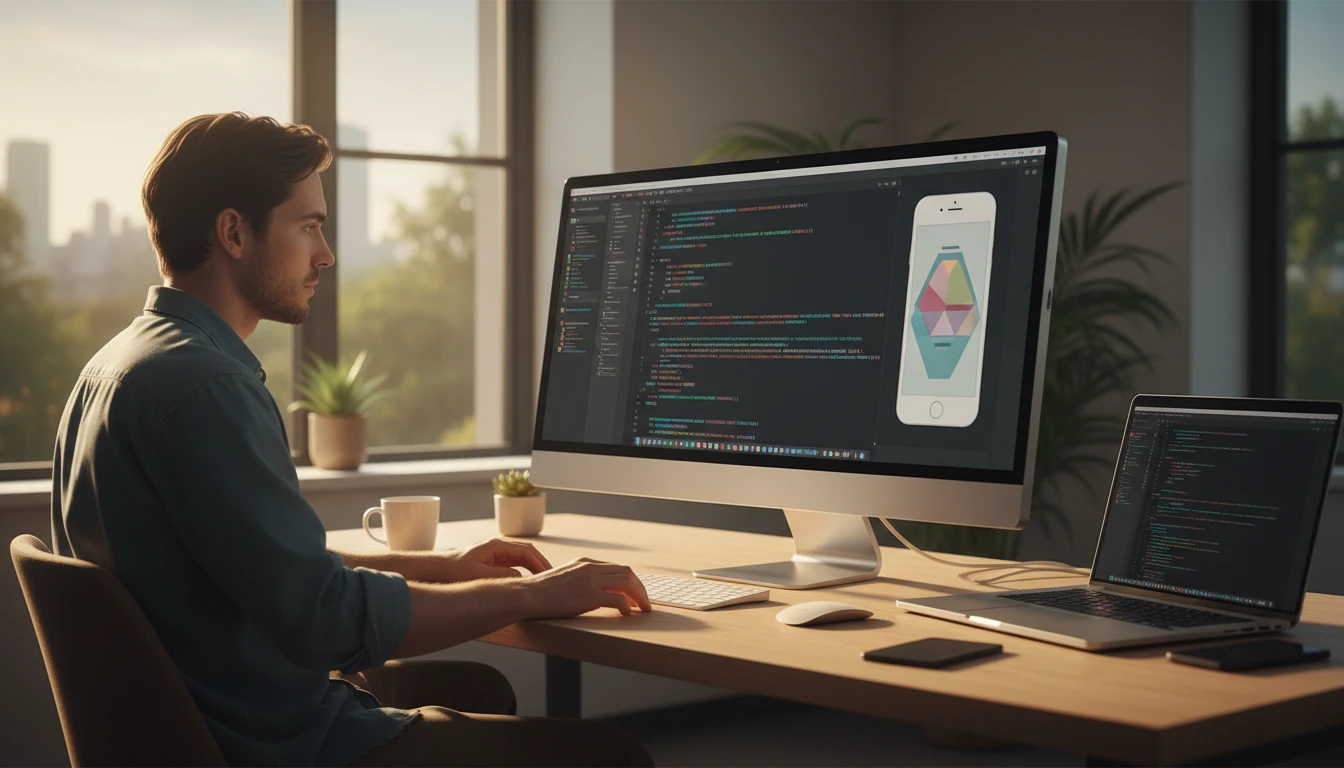 iOS developer at a Mac desk with Xcode and an iPhone simulator on screen