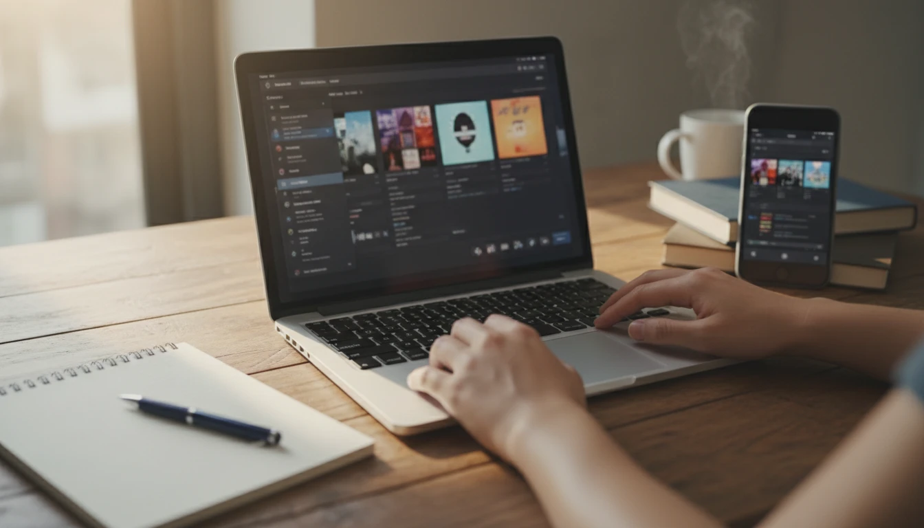 Person at a MacBook organizing recordings in Apple Music with an iPhone nearby