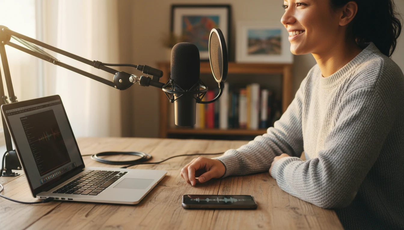 Podcaster with a MacBook and iPhone at a home studio desk with a microphone