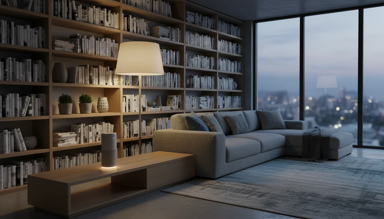 HomePod on a wooden shelf in a cozy living room with warm ambient lighting