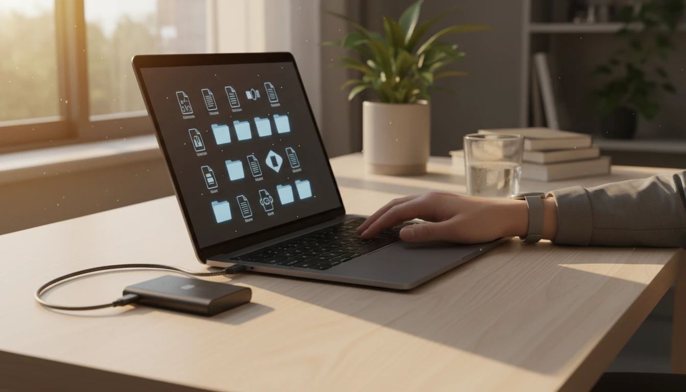 Person organizing audio recordings on a laptop with external storage nearby