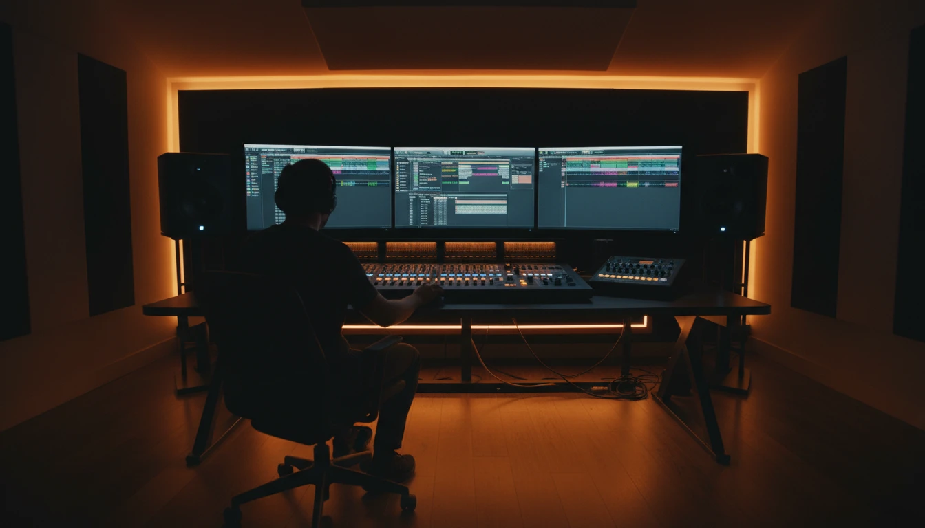 Audio editor at a DAW workstation with waveforms visible on a large monitor