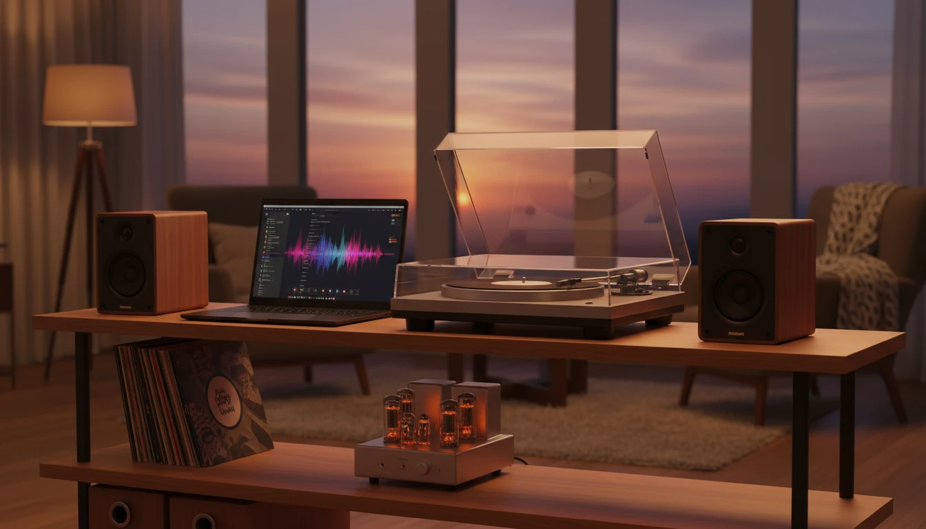 Person at a home listening setup with audiophile speakers and a laptop music library