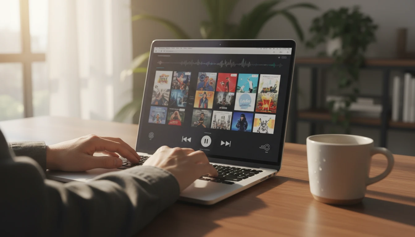 Person dragging an audio file into a music library on a MacBook