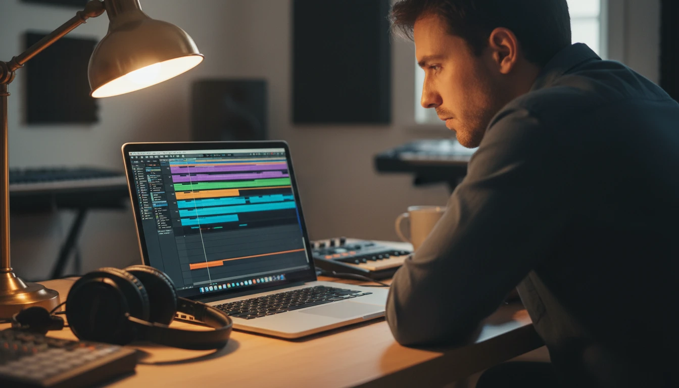 Music producer at a MacBook with GarageBand open showing audio tracks