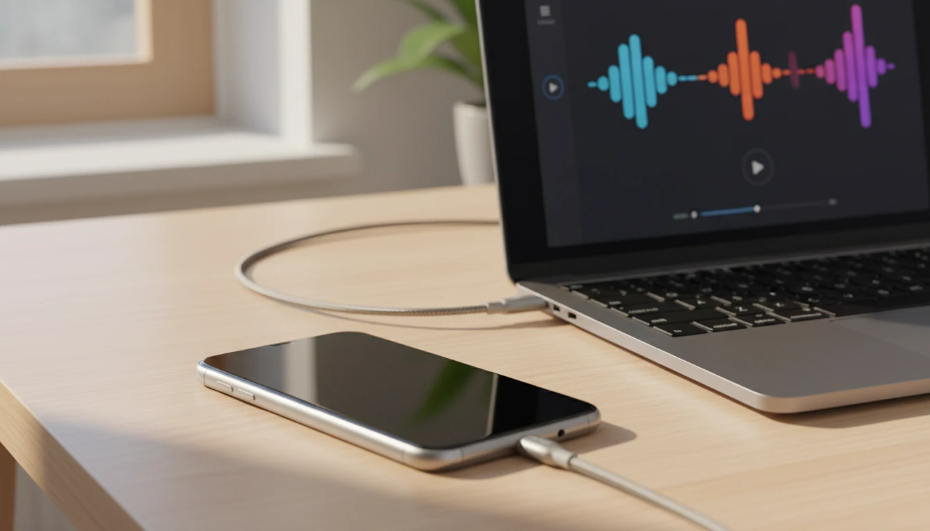 iPhone connected to a MacBook syncing music files via a cable