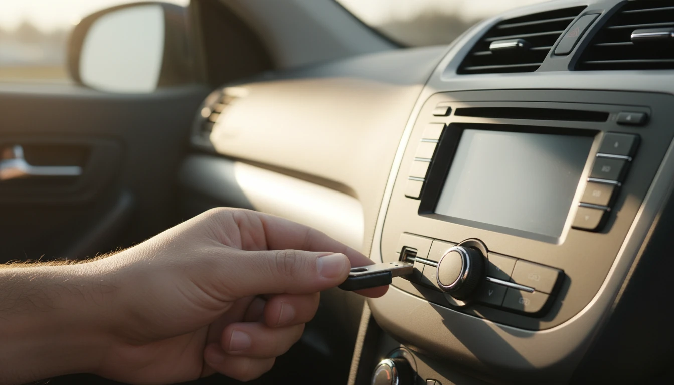 USB drive being plugged into a car dashboard audio port