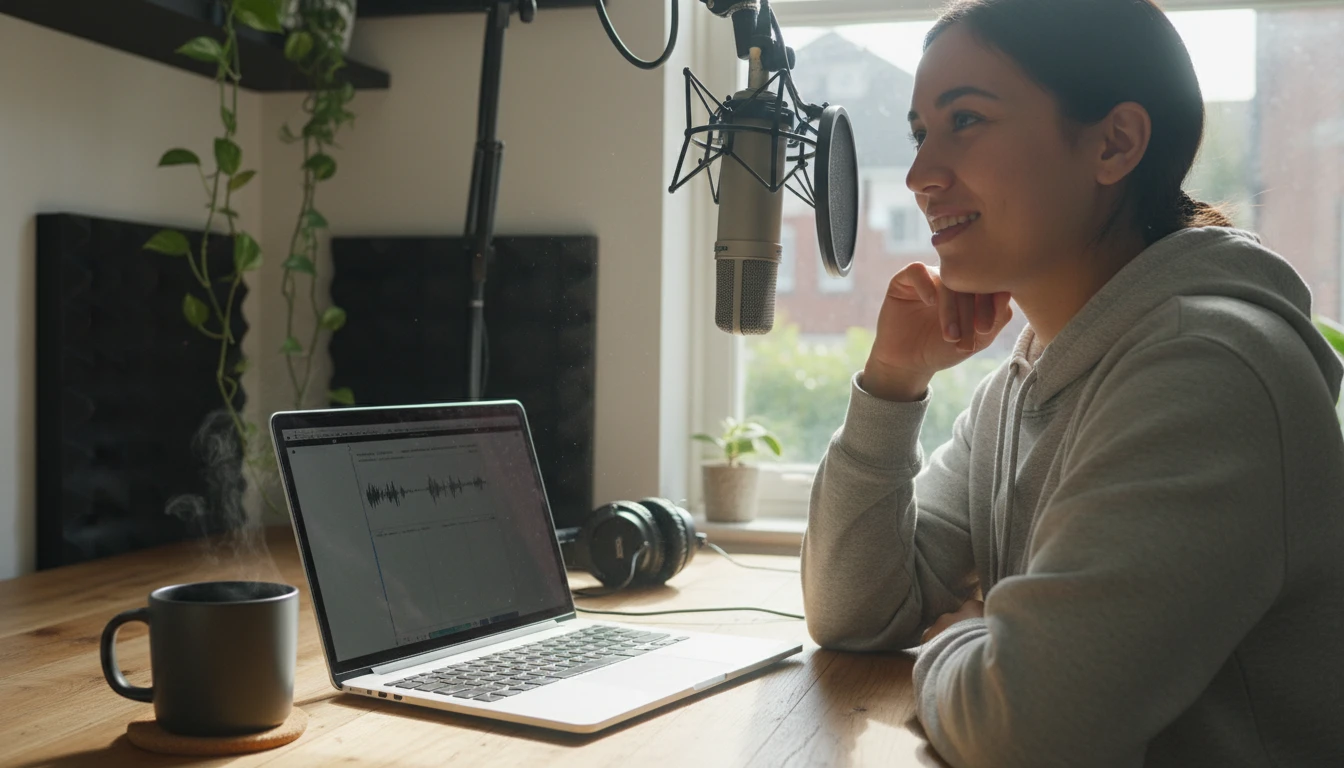 Podcaster at a home desk uploading an audio file on a laptop