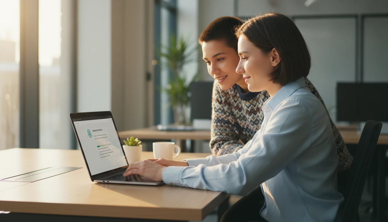 Person sharing an audio file via a laptop to a colleague in an office