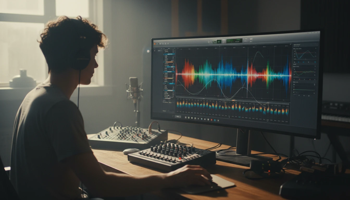 Audio engineer applying noise reduction to a voice recording in a waveform editor