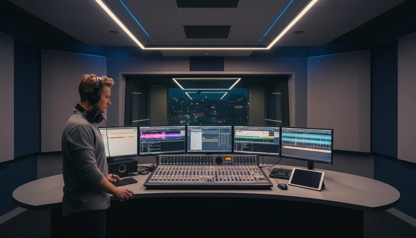 Broadcast engineer at a radio studio playout workstation reviewing audio