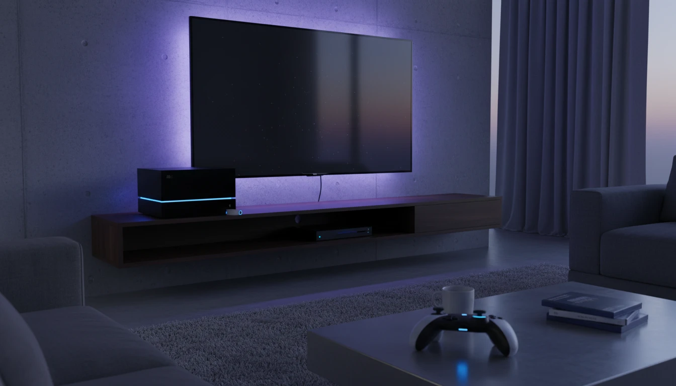 Gaming console in a living room entertainment center with a USB drive nearby