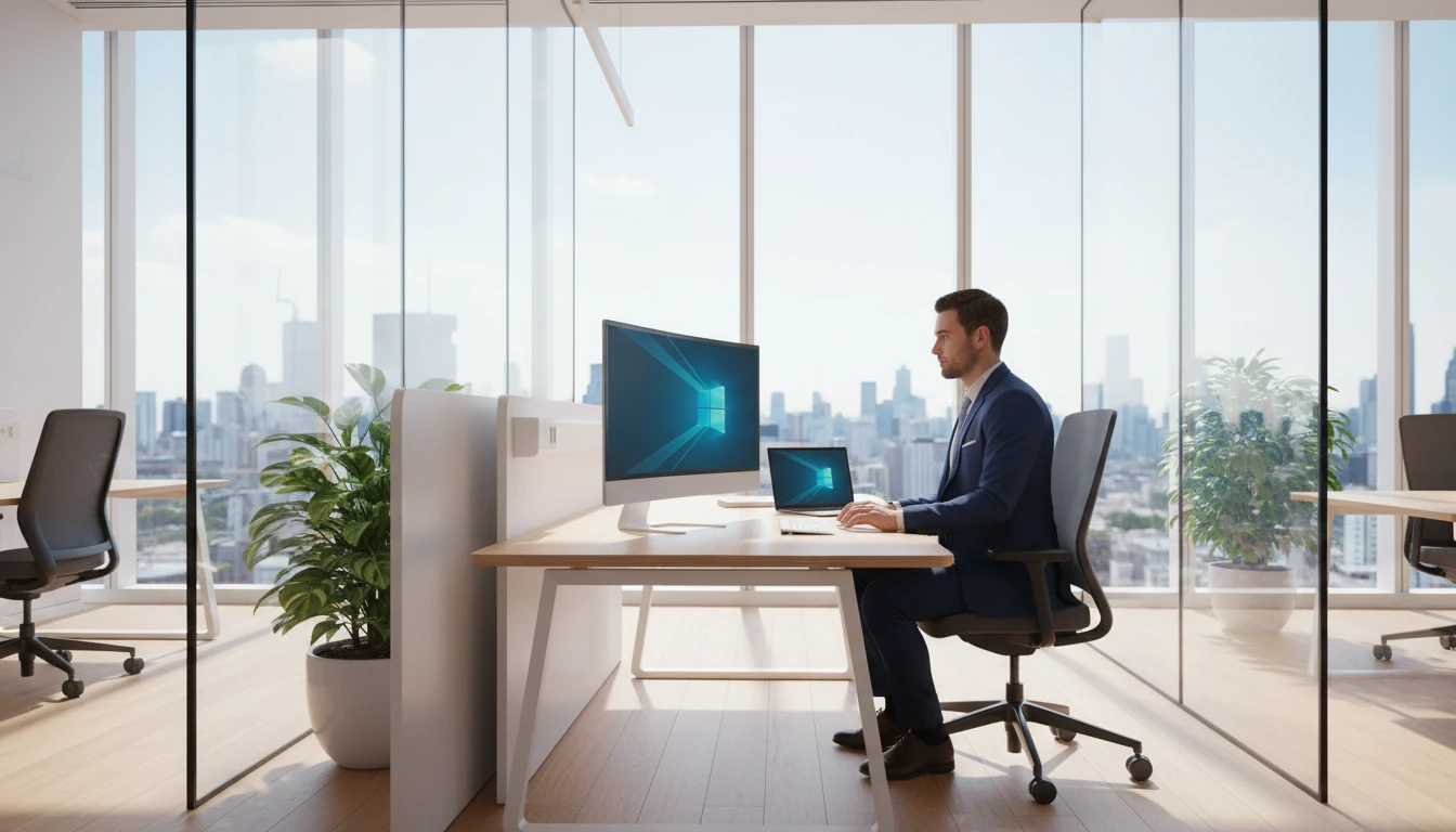 Business professional at a Windows workstation in a modern corporate office