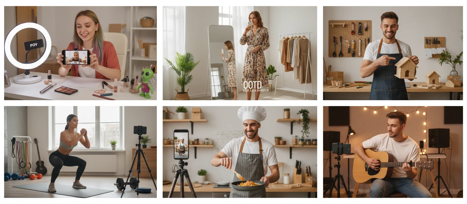People recording vertical short-form videos in different creative settings