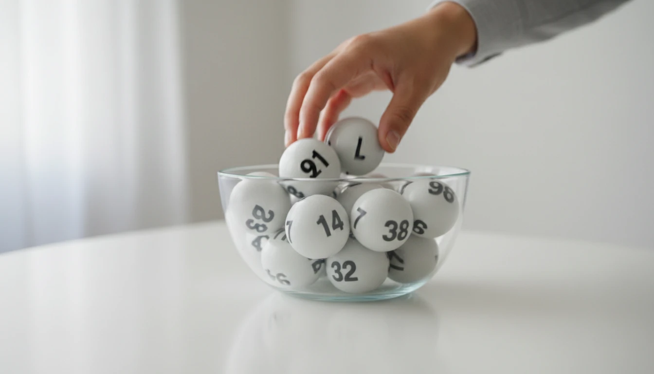 A hand reaching into a bowl of numbered lottery balls
