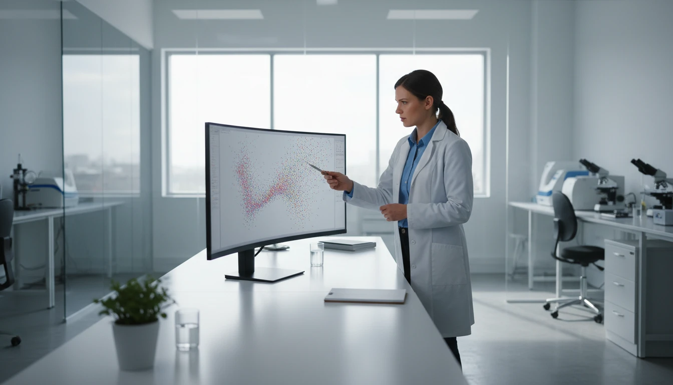 A scientist reviewing data points on a graph in a bright lab