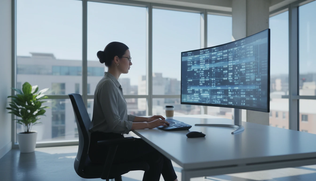 A grid of numerical data on a computer screen in a bright office