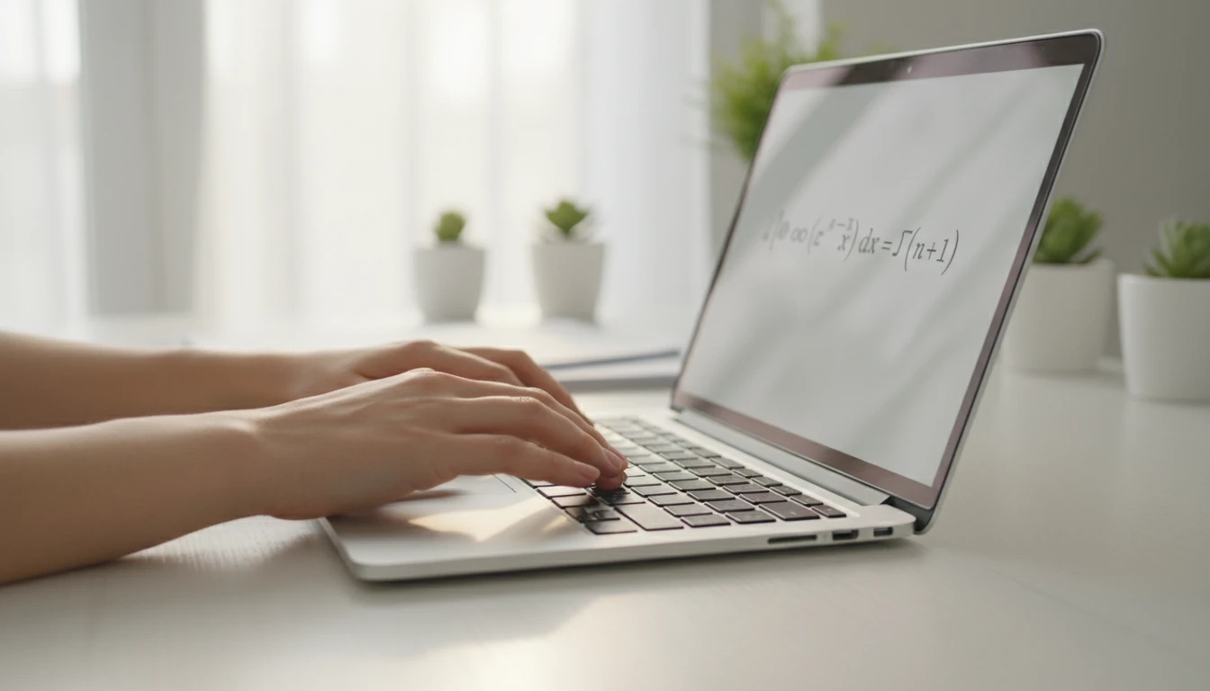 A person typing a math expression on a keyboard next to an on-screen calculator