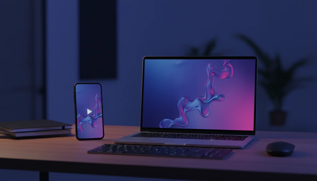 Two phones showing vertical video and a laptop showing widescreen video