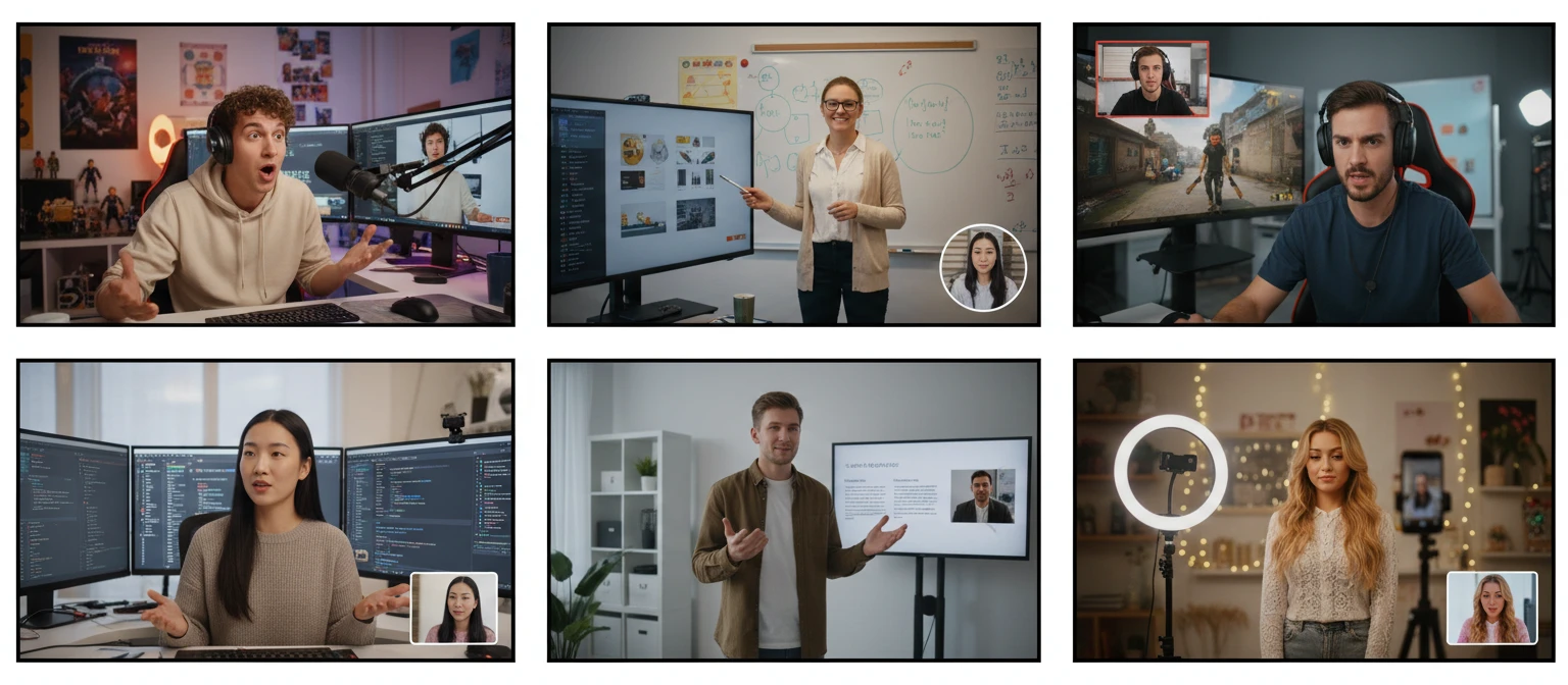 People recording split-screen and dual-view videos in different settings