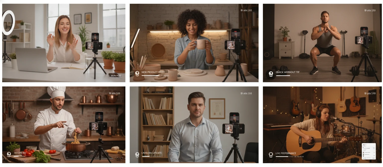 People recording square videos for social media in different settings