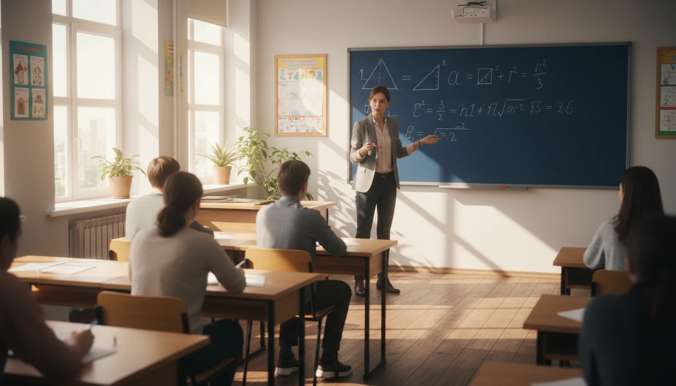 A teacher writing step-by-step math on a whiteboard in a bright classroom