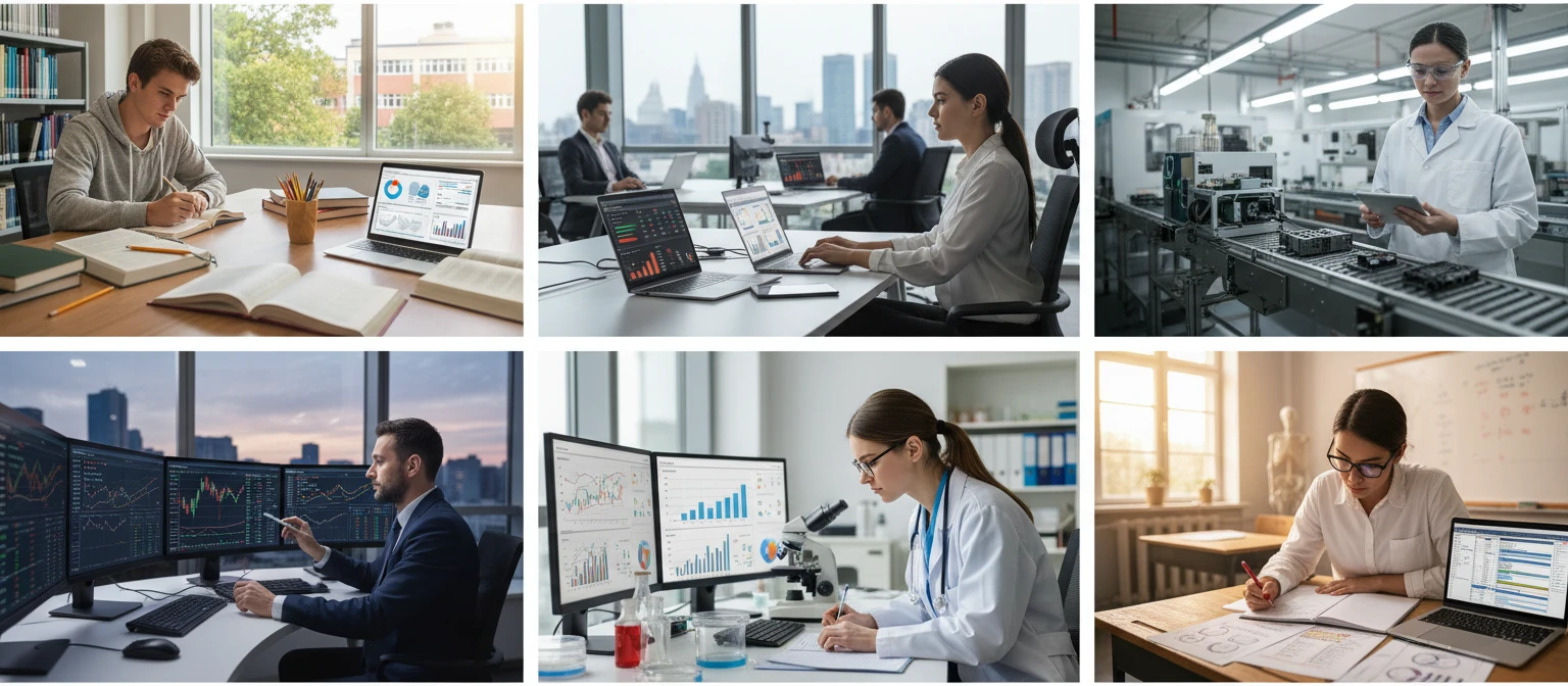 Students, analysts, and researchers working with statistical data in bright settings